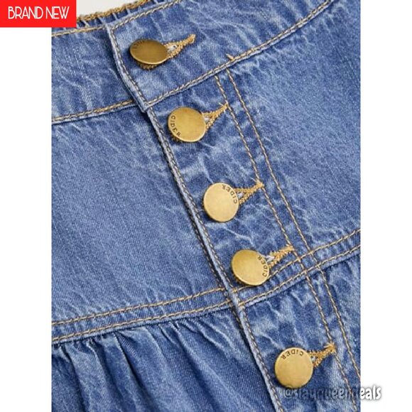 High Waisted Denim Maxi Skirt Tiered Button Down Cotton Lyocell - Picture 6 of 7